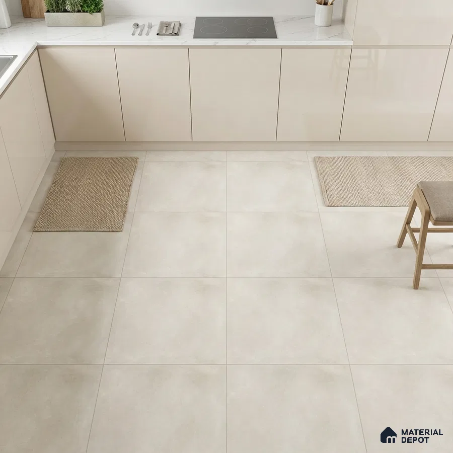 Minimalist kitchen with frosty white laminate cabinets and matte ivory floor tiles