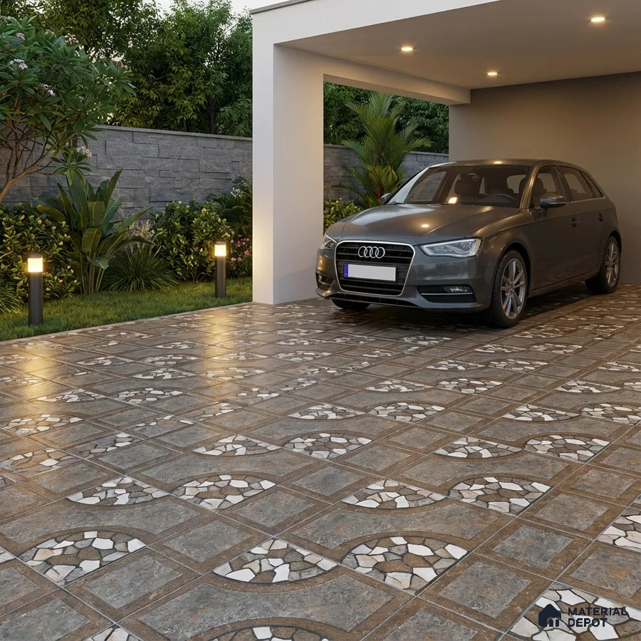 Modern parking with geometric patterned stone tiles and mosaic inlay