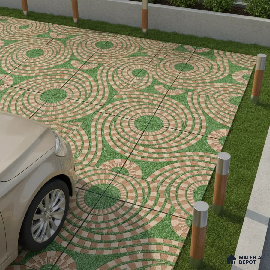 Modern parking area with circular patterned outdoor floor tiles in beige and green