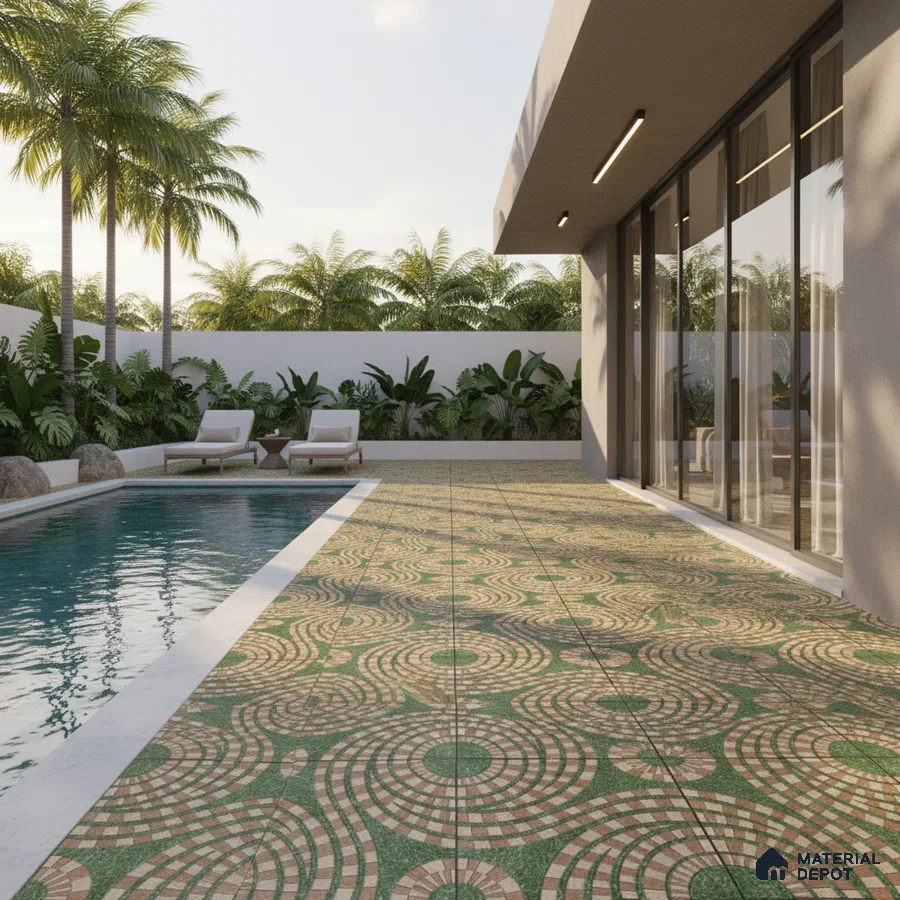 Modern outdoor poolside with green and beige geometric patterned floor tiles