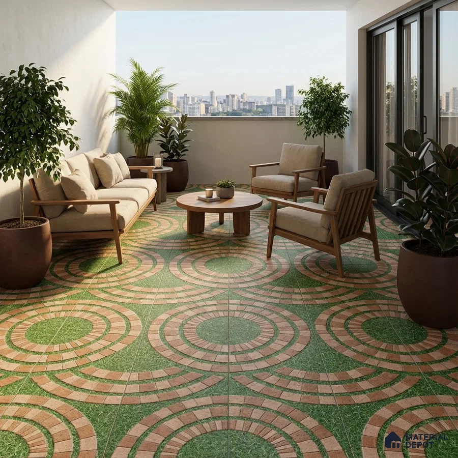 Scandinavian balcony with green and terracotta geometric floor tiles and wooden outdoor furniture