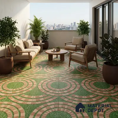 Scandinavian balcony with green and terracotta geometric floor tiles and wooden outdoor furniture