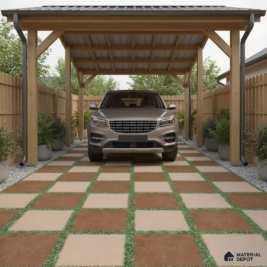 Modern parking with terracotta and beige outdoor tiles and wooden carport