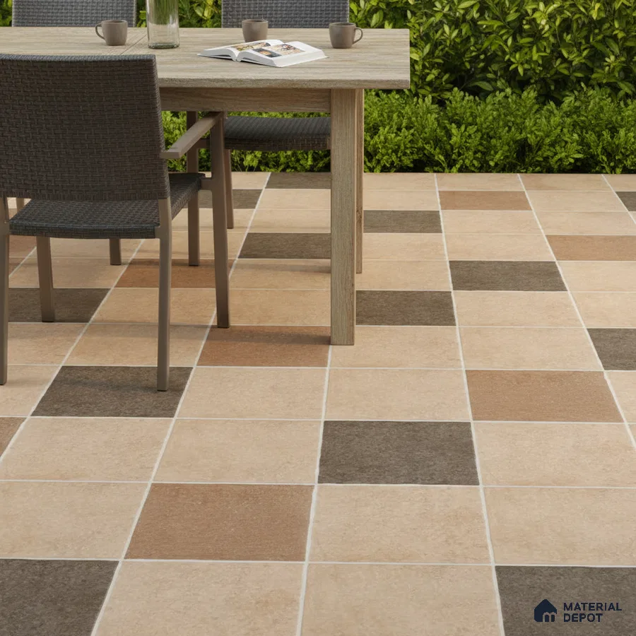 Modern outdoor space with beige and brown checkerboard ceramic floor tiles and wooden dining set