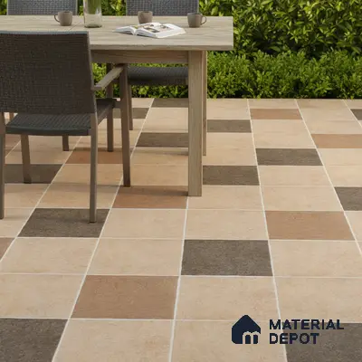Modern outdoor space with beige and brown checkerboard ceramic floor tiles and wooden dining set