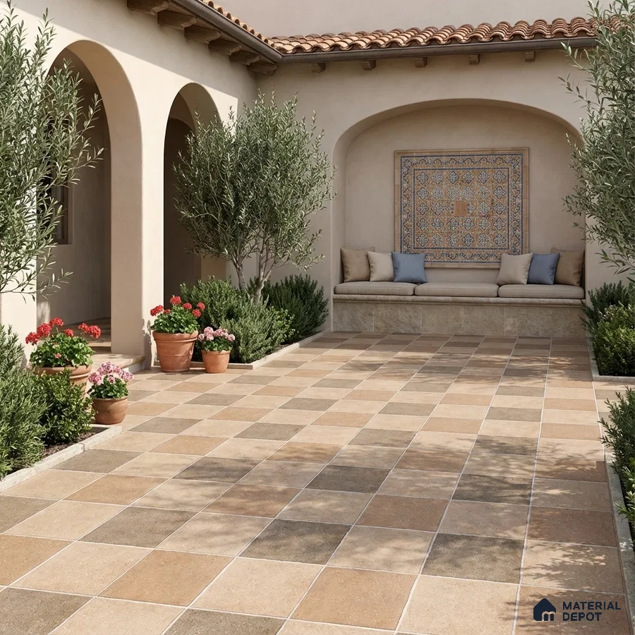 Mediterranean outdoor courtyard with beige and taupe checkerboard floor tiles and patterned mosaic wall tile