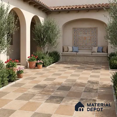 Mediterranean outdoor courtyard with beige and taupe checkerboard floor tiles and patterned mosaic wall tile