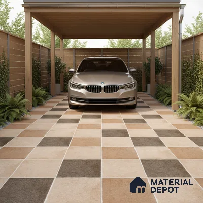 Modern parking with beige and brown checkerboard outdoor floor tiles and wooden fencing