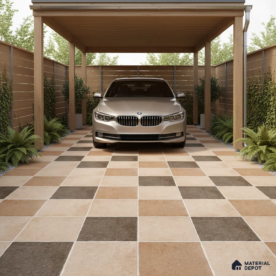 Modern parking with beige and brown checkerboard outdoor floor tiles and wooden fencing