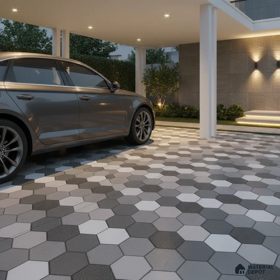 Modern parking with grey and white hexagonal floor tiles