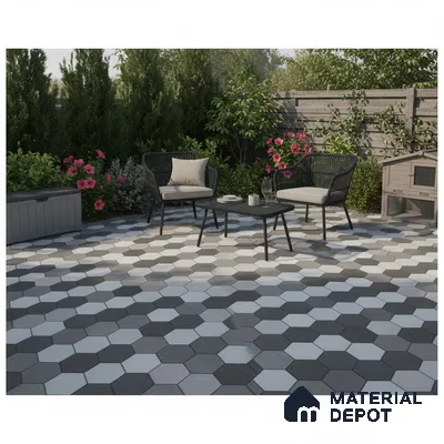 Modern outdoor patio with black and white hexagonal floor tiles and woven furniture