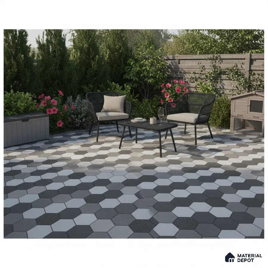 Modern outdoor patio with black and white hexagonal floor tiles and woven furniture