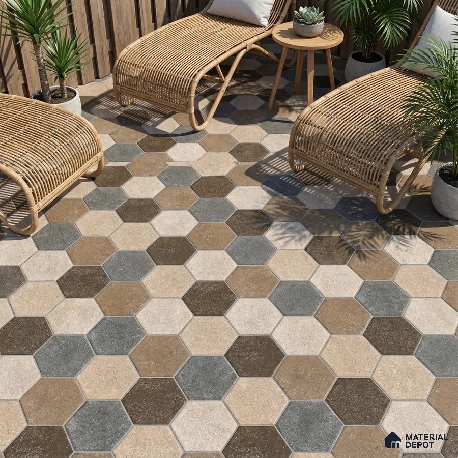 Modern outdoor lounge with multicolor hexagonal floor tiles and rattan loungers