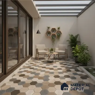 Scandinavian balcony with multicolor hexagonal floor tiles and wooden wall planters