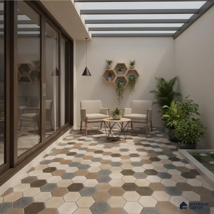Scandinavian balcony with multicolor hexagonal floor tiles and wooden wall planters