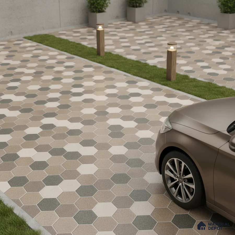 Modern parking with beige and grey hexagonal outdoor floor tiles