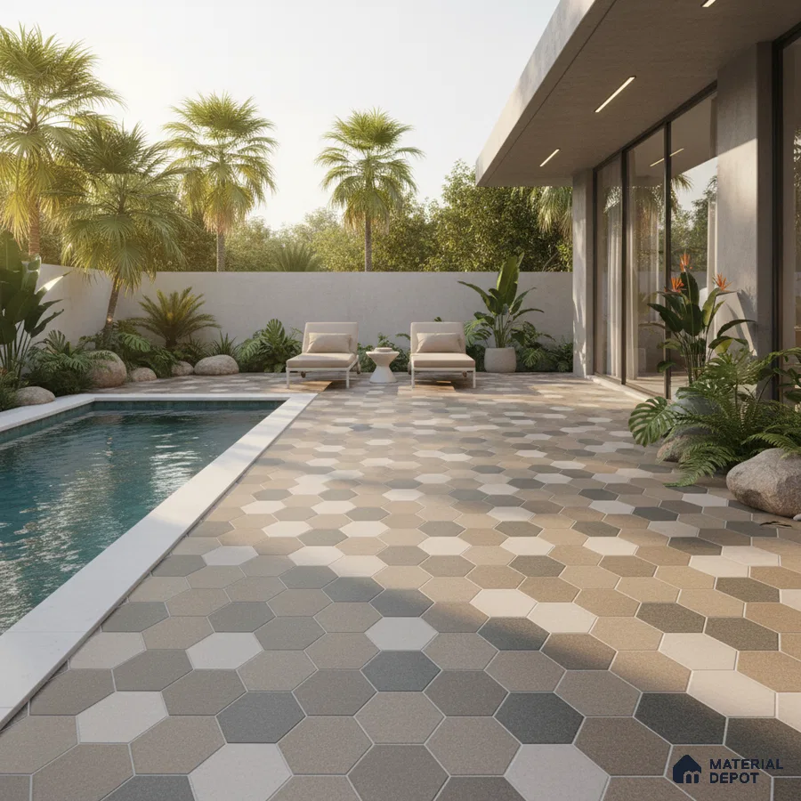 Modern outdoor poolside with multitone hexagonal floor tiles and concrete accents