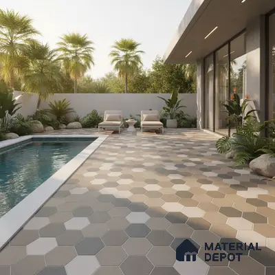 Modern outdoor poolside with multitone hexagonal floor tiles and concrete accents