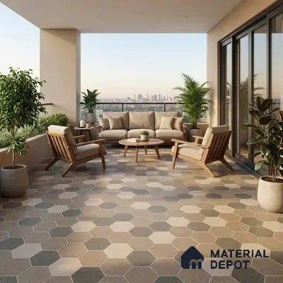 Scandinavian balcony with beige and grey hexagonal floor tiles and natural wood outdoor furniture