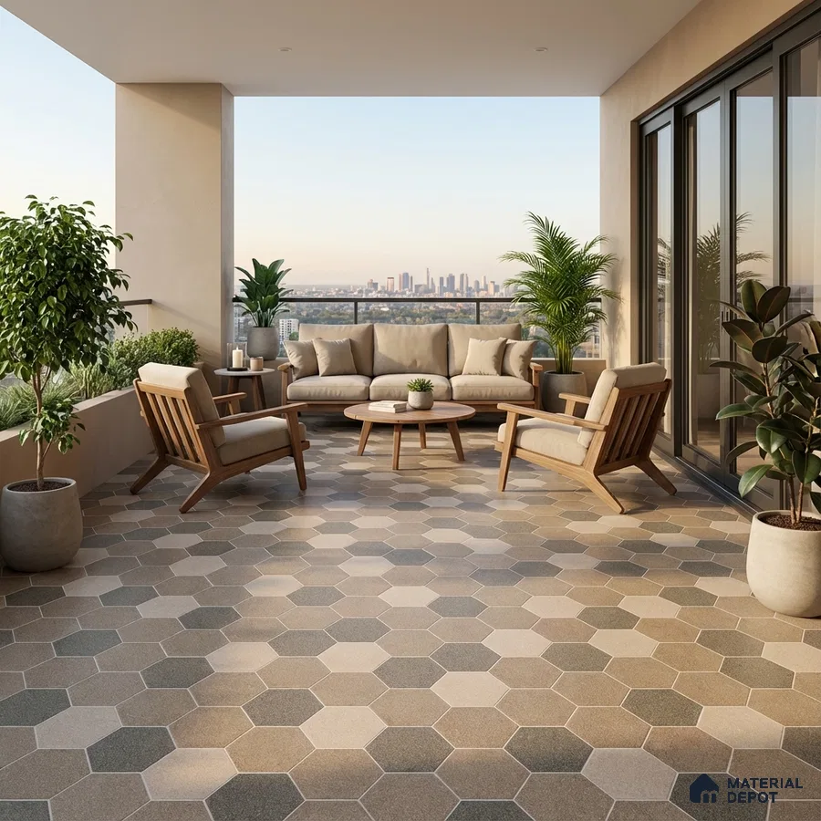 Scandinavian balcony with beige and grey hexagonal floor tiles and natural wood outdoor furniture