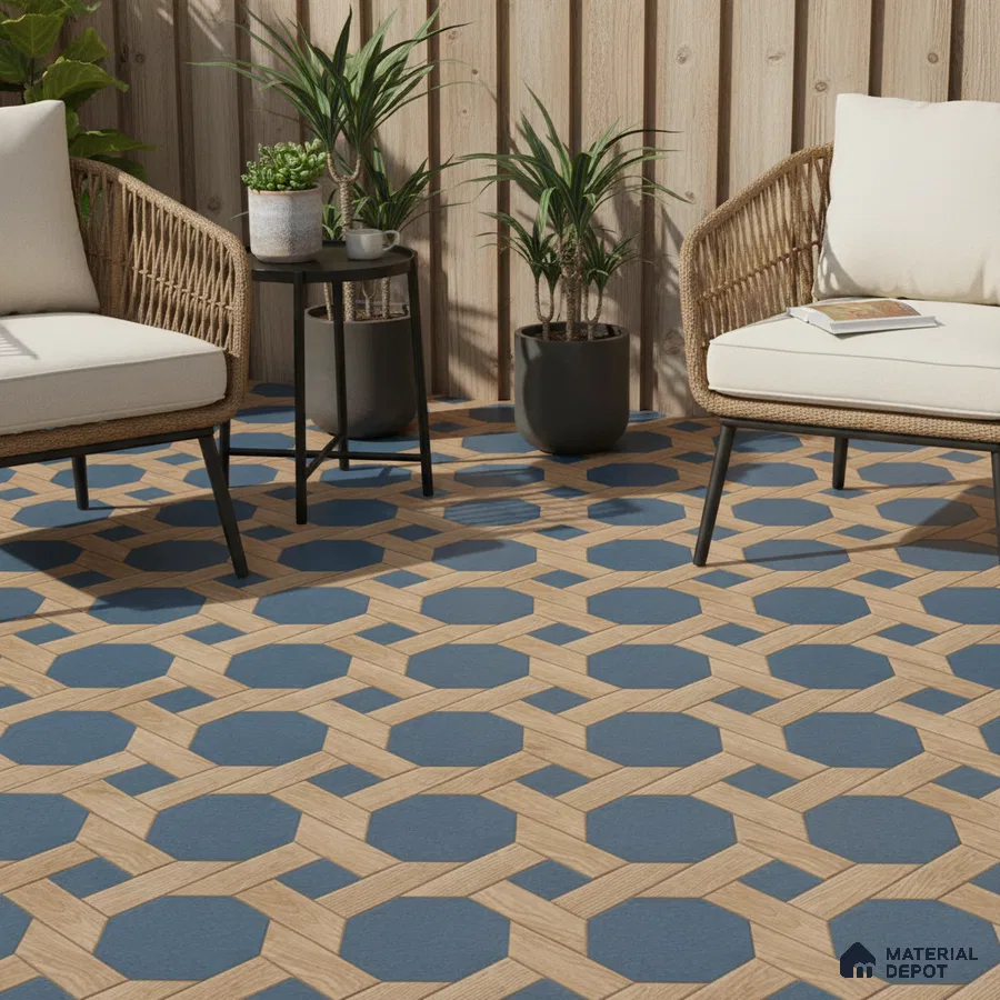 Scandinavian outdoor seating with blue geometric floor tiles and natural wood wall panels