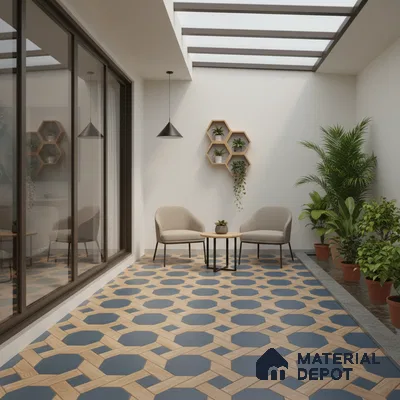 Modern balcony with geometric blue and wood patterned floor tiles and indoor planters