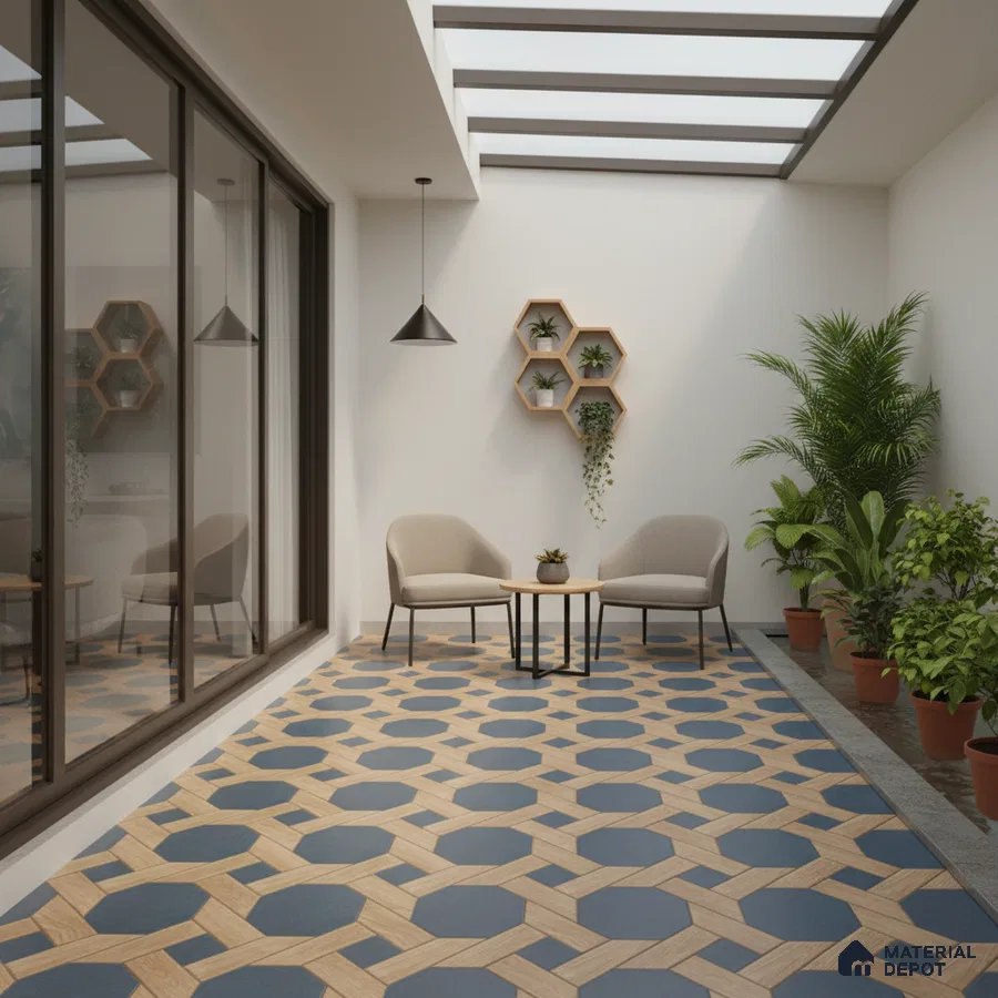 Modern balcony with geometric blue and wood patterned floor tiles and indoor planters