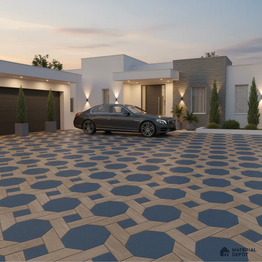 Modern parking with geometric blue and wood-look floor tiles in octagonal pattern