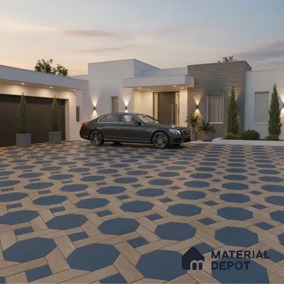 Modern parking with geometric blue and wood-look floor tiles in octagonal pattern
