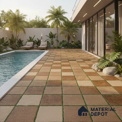 Modern outdoor poolside with terracotta and beige checkerboard floor tiles