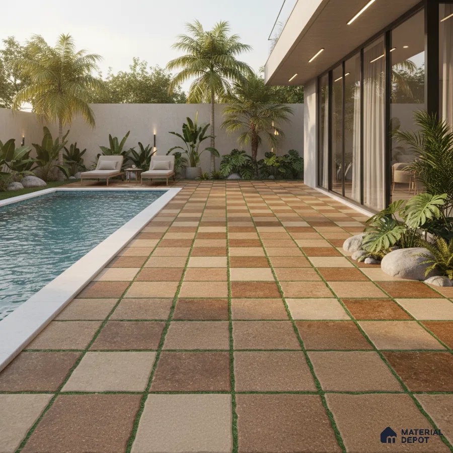 Modern outdoor poolside with terracotta and beige checkerboard floor tiles