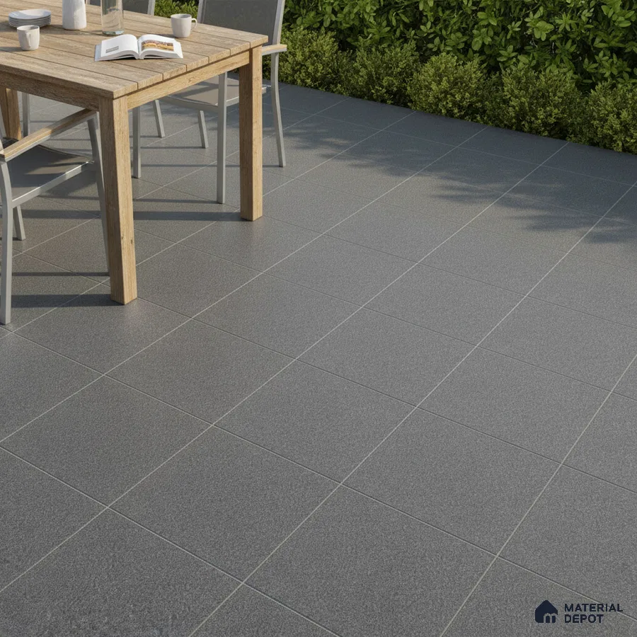 Minimalist outdoor space with grey matte floor tiles and natural wood dining table