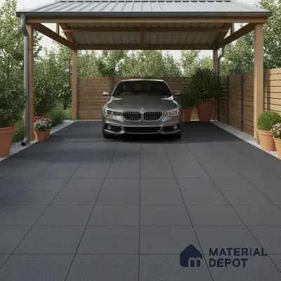 Modern parking with charcoal grey anti-skid floor tiles and wooden fencing