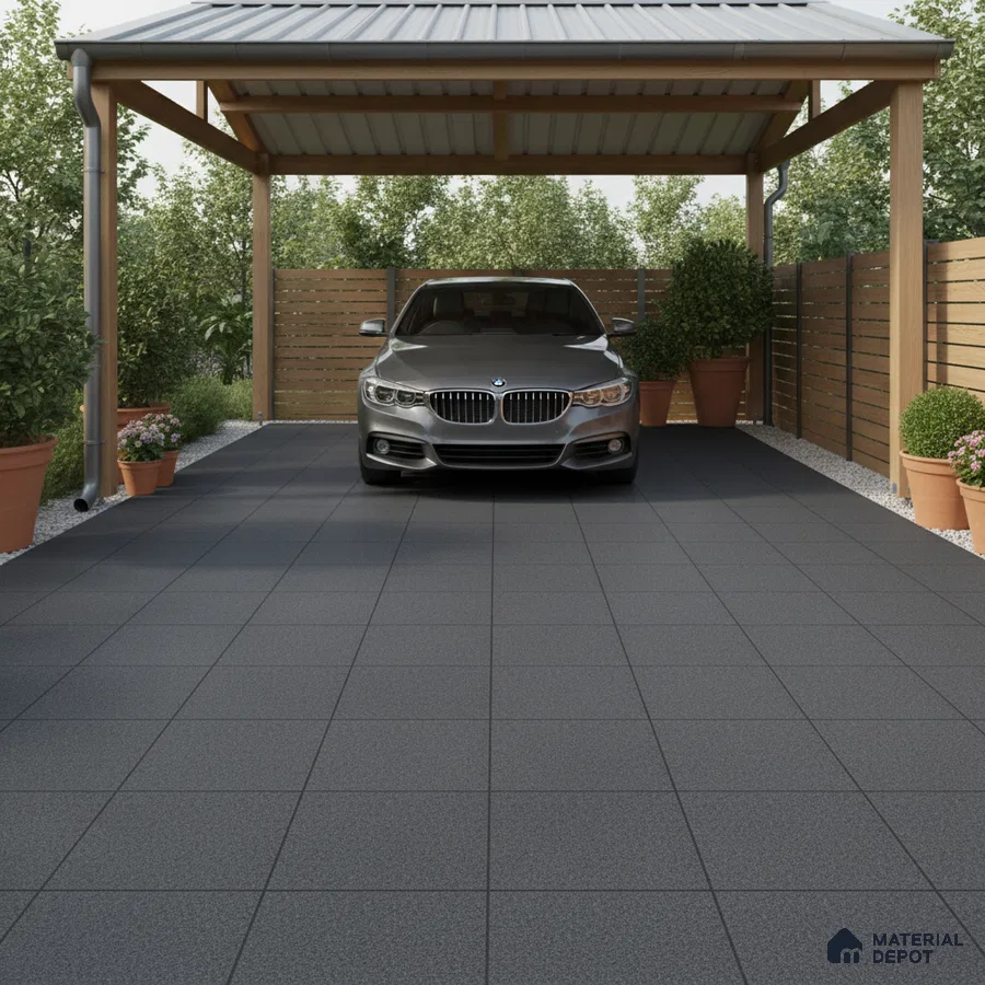 Modern parking with charcoal grey anti-skid floor tiles and wooden fencing