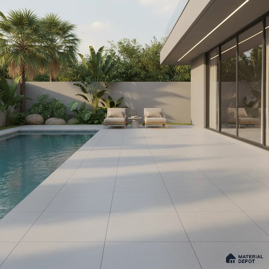 Modern outdoor poolside with large format light grey matte floor tiles and minimalist landscaping