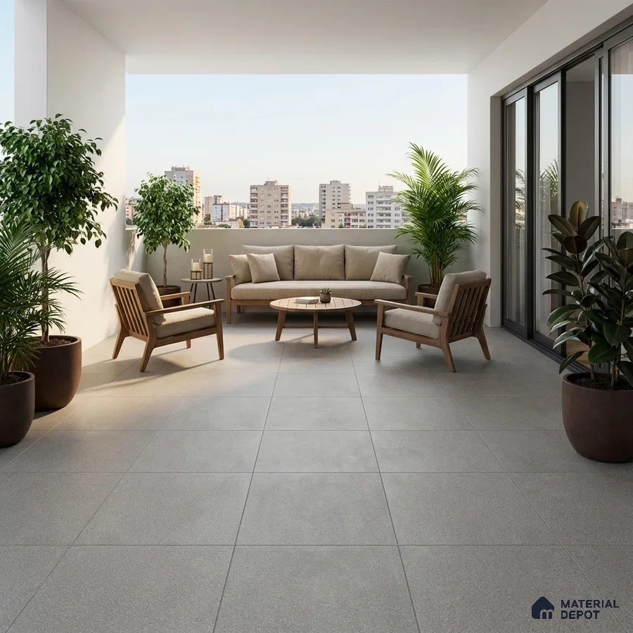 Scandinavian balcony with beige upholstery, natural wood furniture, and matte grey floor tiles