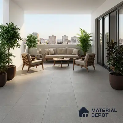 Scandinavian balcony with beige upholstery, natural wood furniture, and matte grey floor tiles