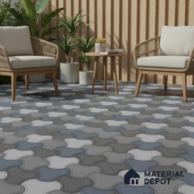 Scandinavian outdoor seating with geometric interlocking blue and grey floor tiles and wooden louver wall