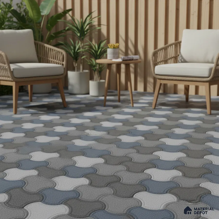 Scandinavian outdoor seating with geometric interlocking blue and grey floor tiles and wooden louver wall