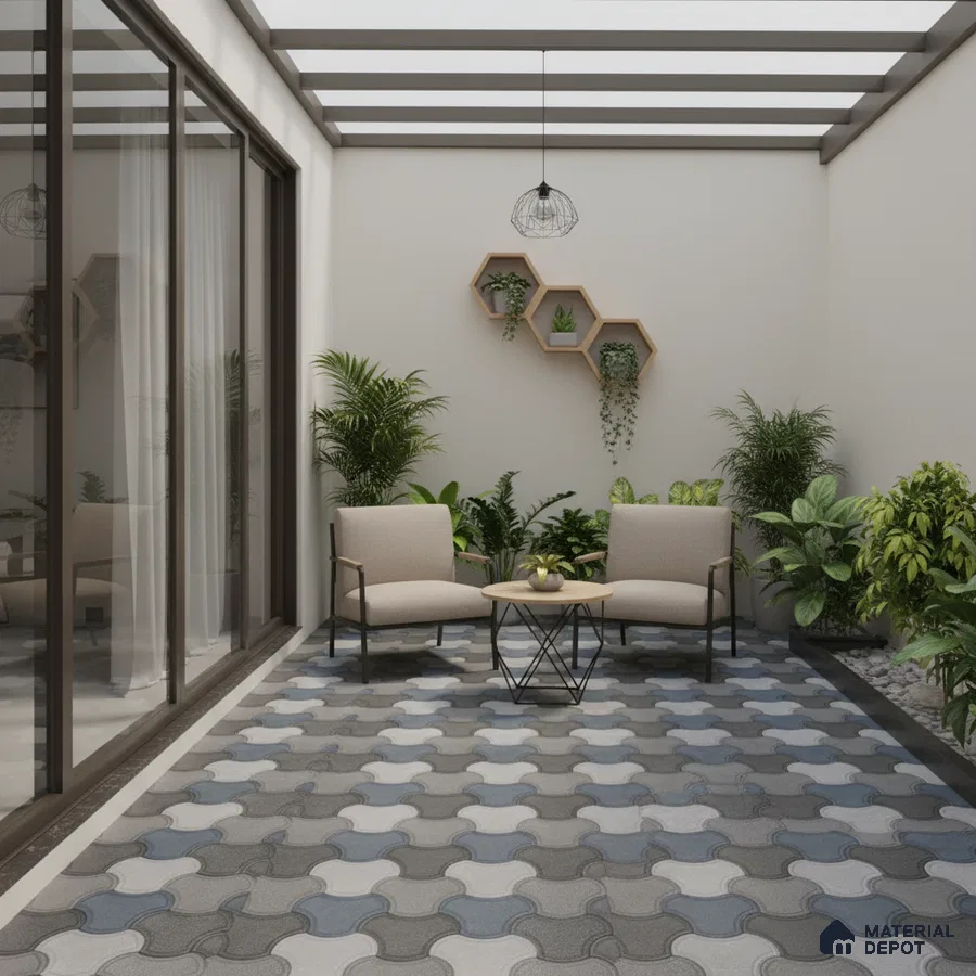 Modern outdoor patio with geometric interlocking paver tiles and neutral seating