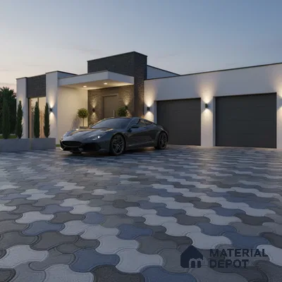 Modern parking with interlocking grey and blue concrete paver tiles and minimalist facade