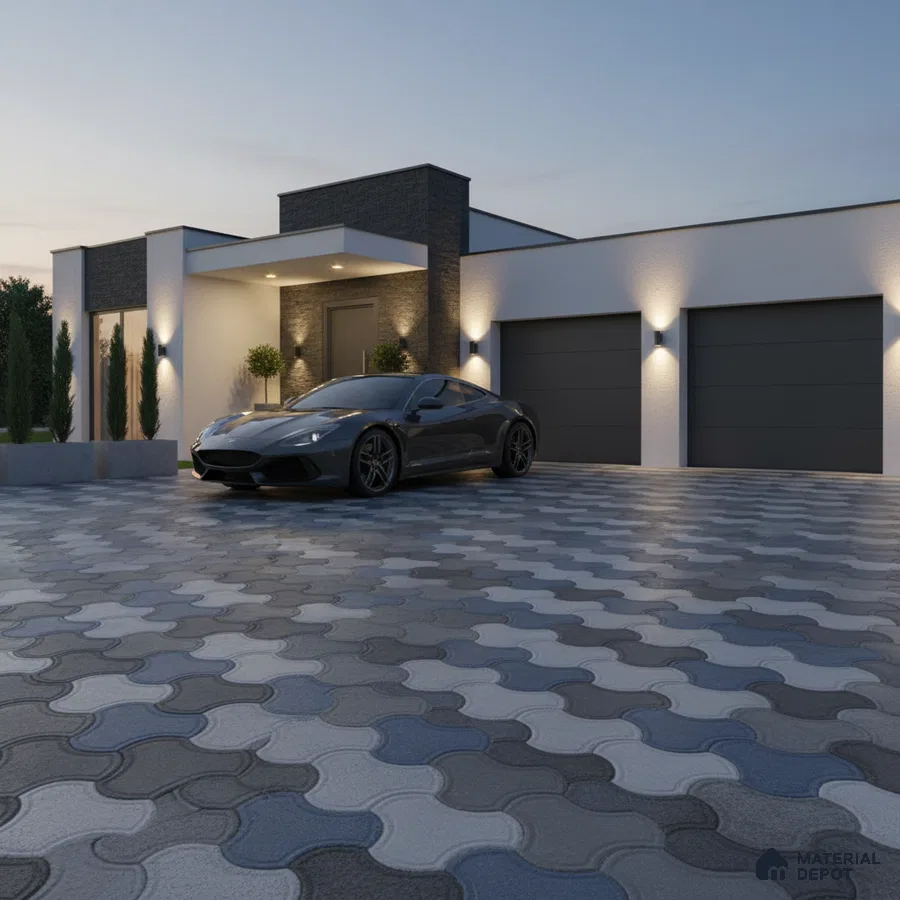 Modern parking with interlocking grey and blue concrete paver tiles and minimalist facade