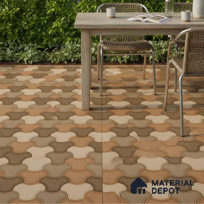 Modern outdoor space with interlocking terracotta and beige geometric floor tiles