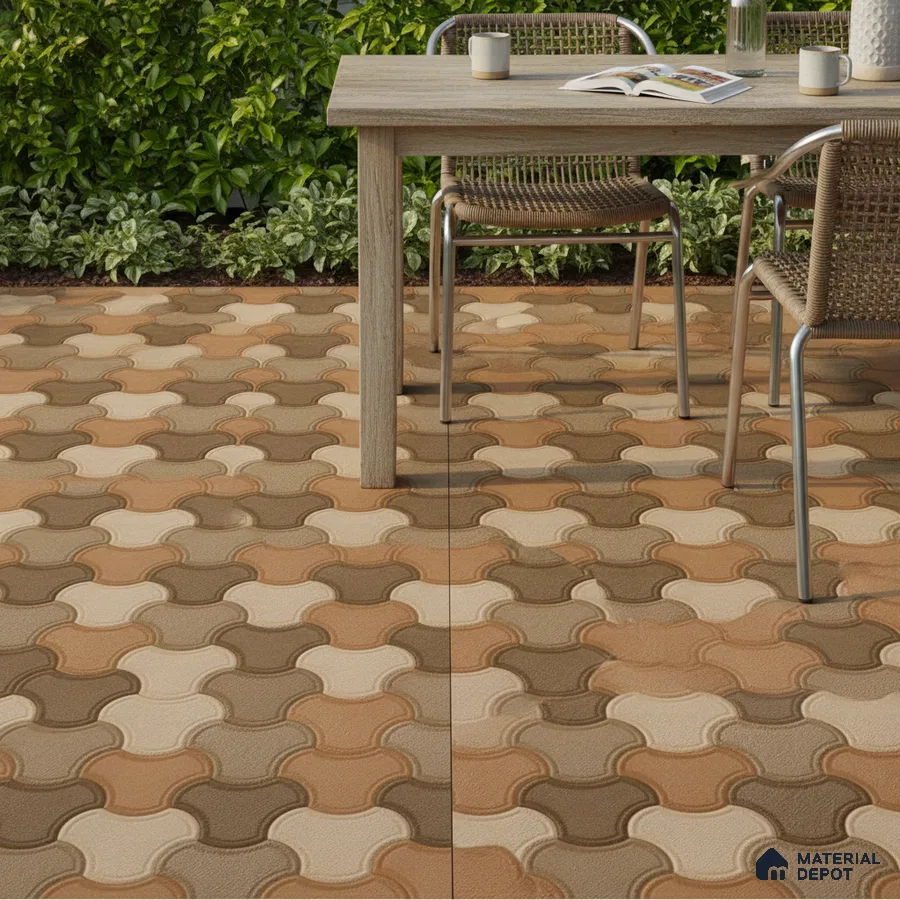 Modern outdoor space with interlocking terracotta and beige geometric floor tiles