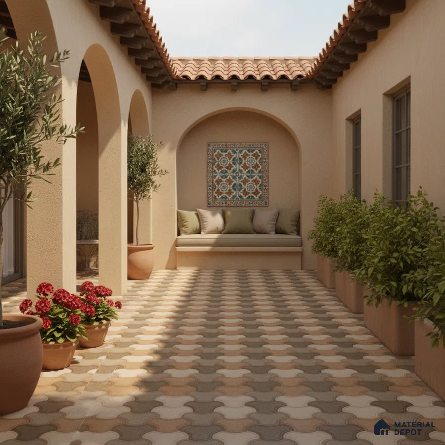 Mediterranean outdoor courtyard with terracotta roof, patterned floor tiles, and decorative wall tile