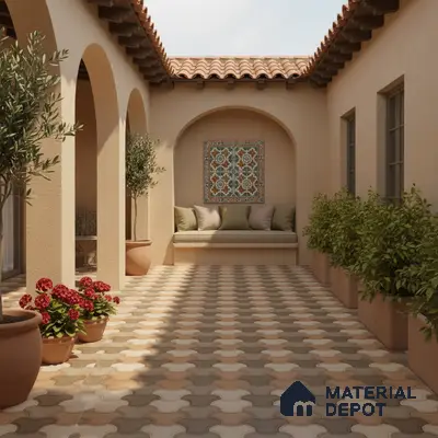 Mediterranean outdoor courtyard with terracotta roof, patterned floor tiles, and decorative wall tile