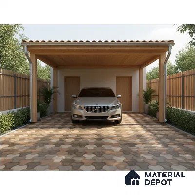 Modern parking with interlocking paver tiles and wooden ceiling