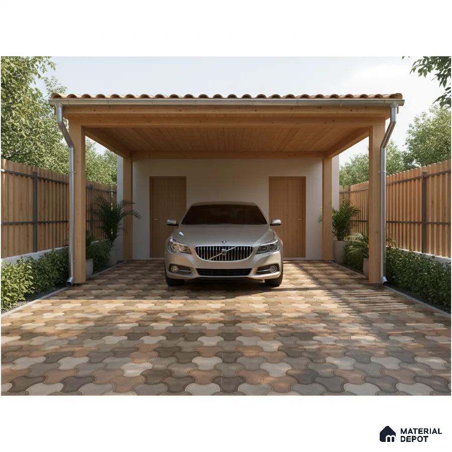 Modern parking with interlocking paver tiles and wooden ceiling