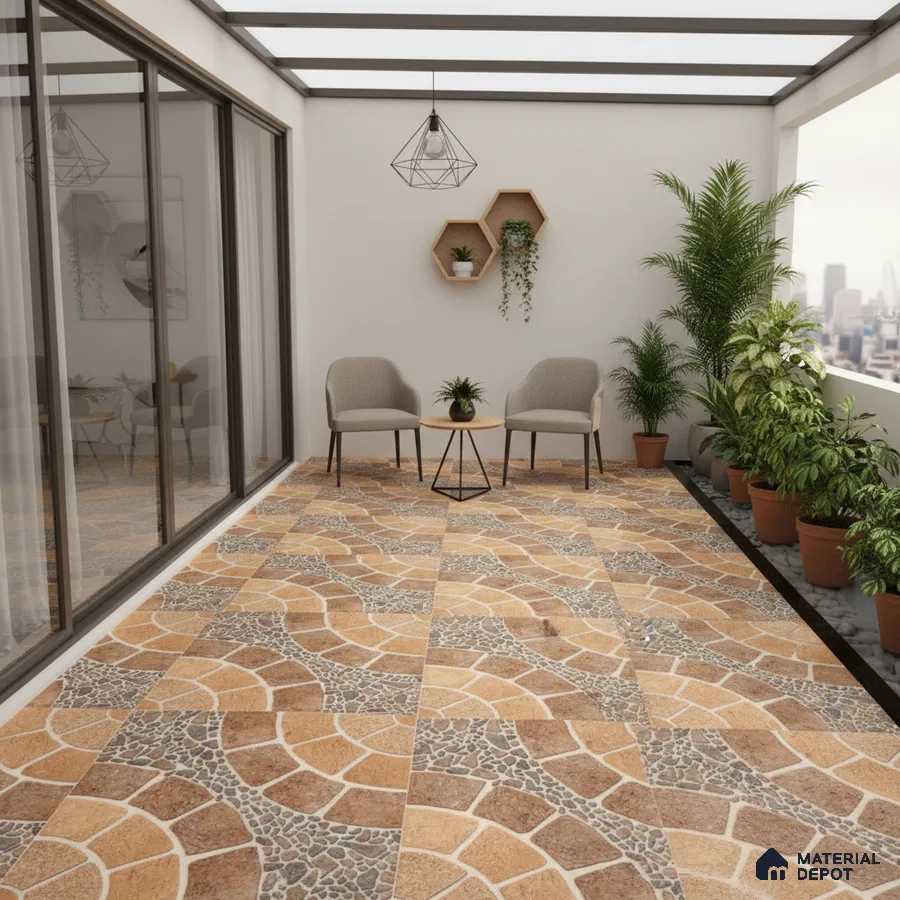 Modern balcony with terracotta and stone patterned floor tiles and potted plants
