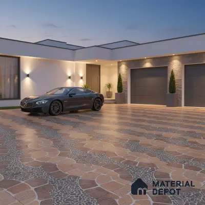 Modern parking with stone cladding wall and patterned cobblestone floor tiles